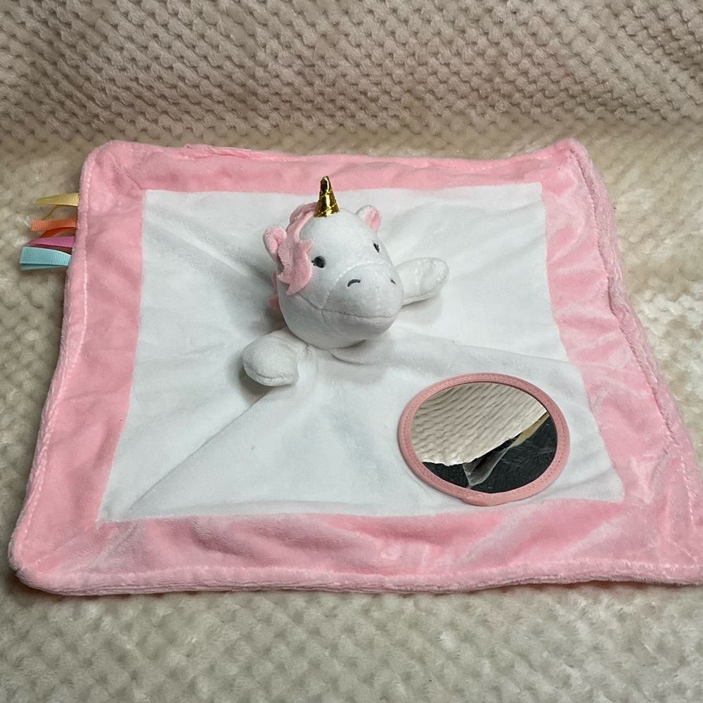 Modern Baby Plush Pink White Unicorn Lovey with Mirror Stuffed Security Blanket